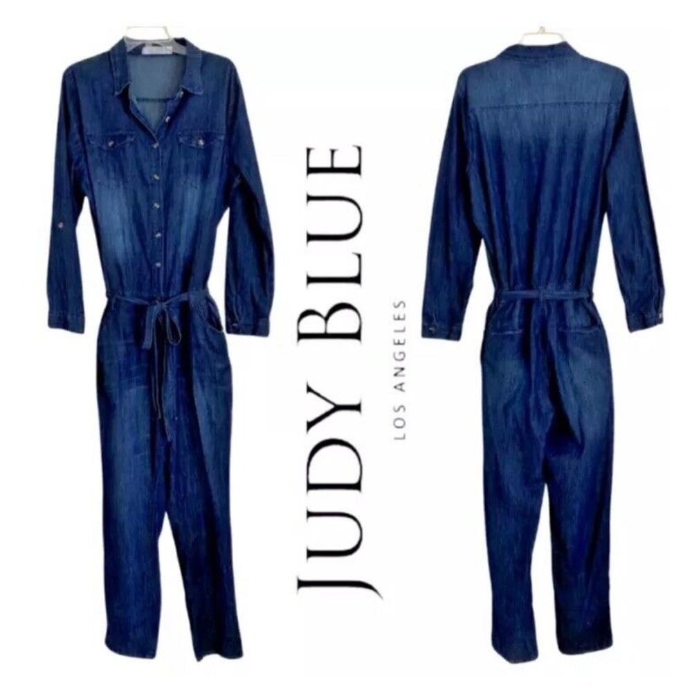 Judy Blue Denim Jumpsuit Women's Utility Chambray Long‎ Sleeve Tie Waist Size XL